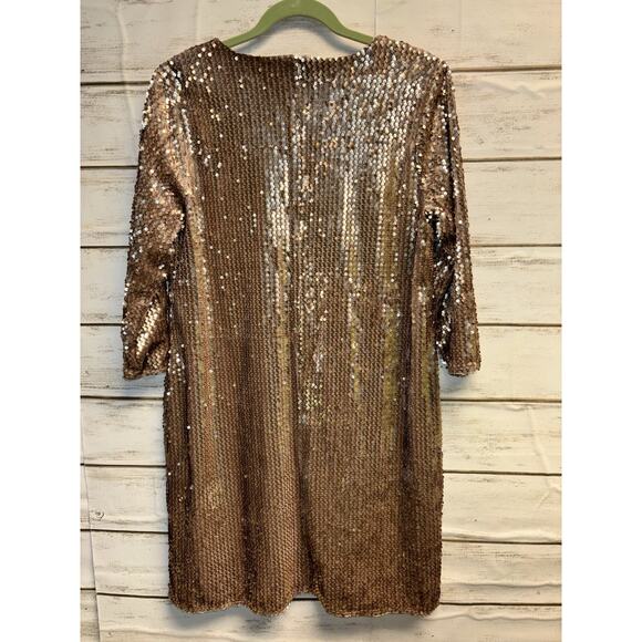 NEW Alfani Womens Allover Sequined Dress Lined Beige Size 12 3/4 Sleeve Back Zip - Picture 3 of 14